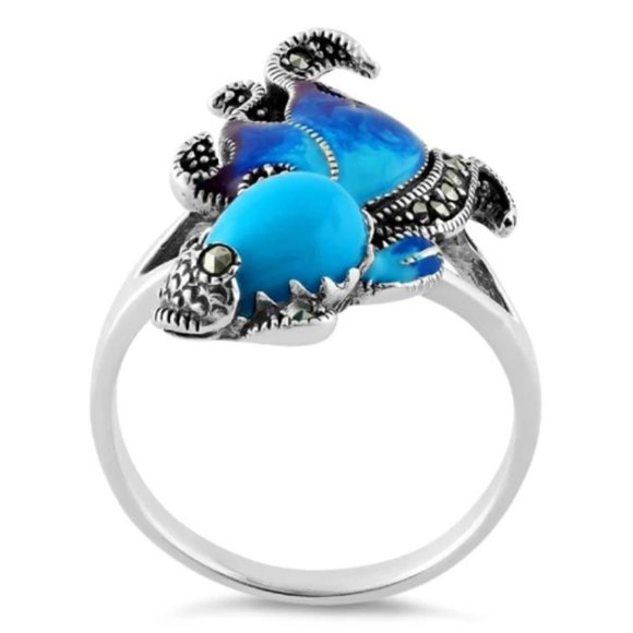 925 STERLING SILVER Simulated Turquoise Fish Ghost Marcasite Ring - Picture 14 of 16